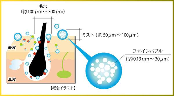 ウルトラファインバブルが毛穴やシワの奥に入り、汚れを吸着